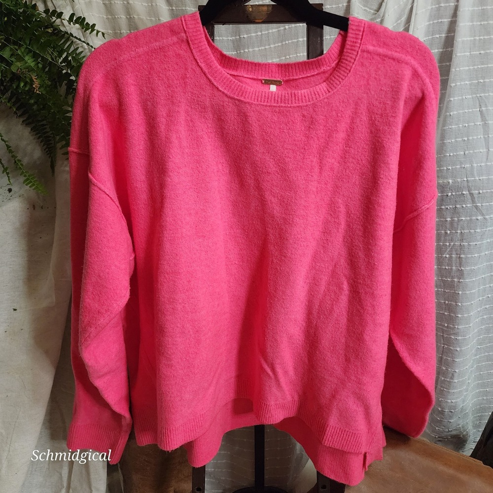 Free People Brookside Sweater Hot Pink Wool Blend Oversized Pullover OB1597543 M